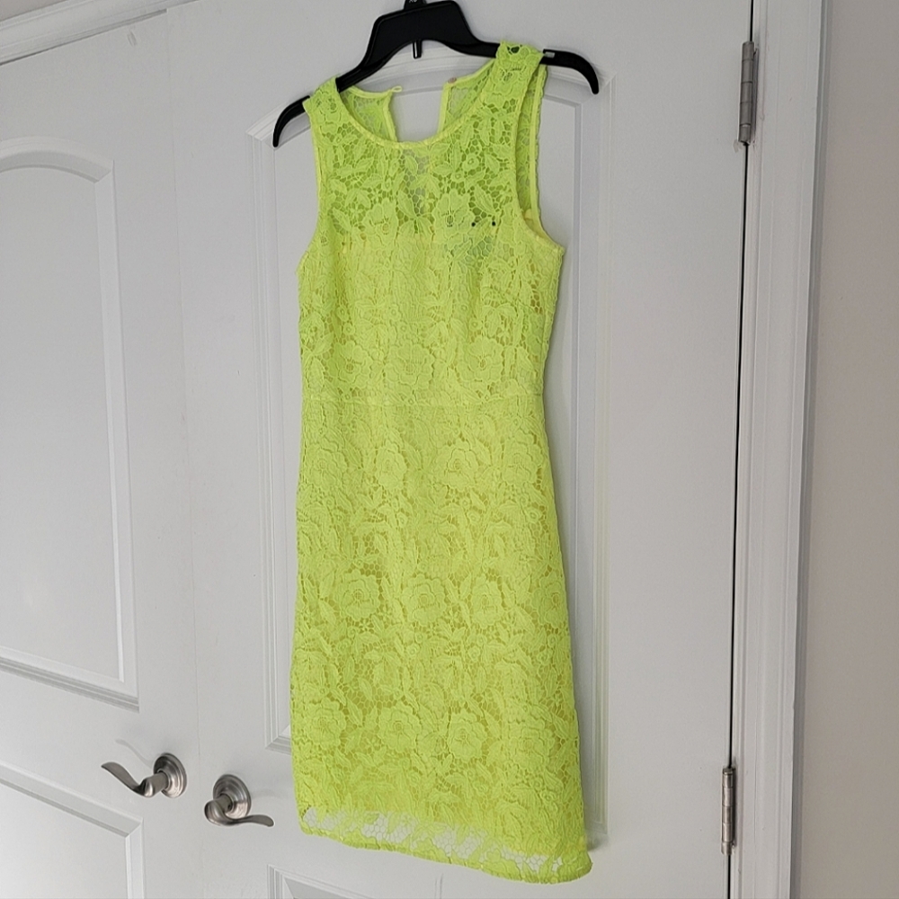 J.CREW Collection Lace Neon Yellow Green Sleeveless Shift Dress Size 4